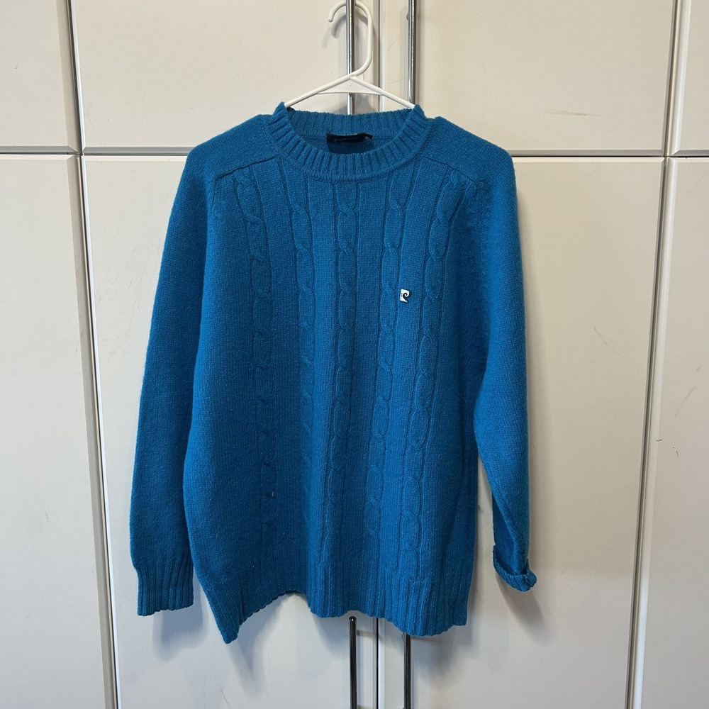 Pierre Cardin Mens Blue 100% Shetland Wool Cable Knit Crew Neck Sweater Size L